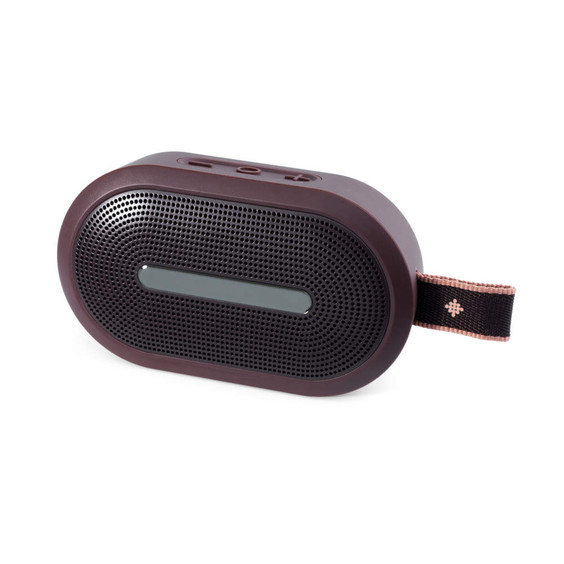 Portable maroon Bluetooth speaker with black grille and fabric carry strap