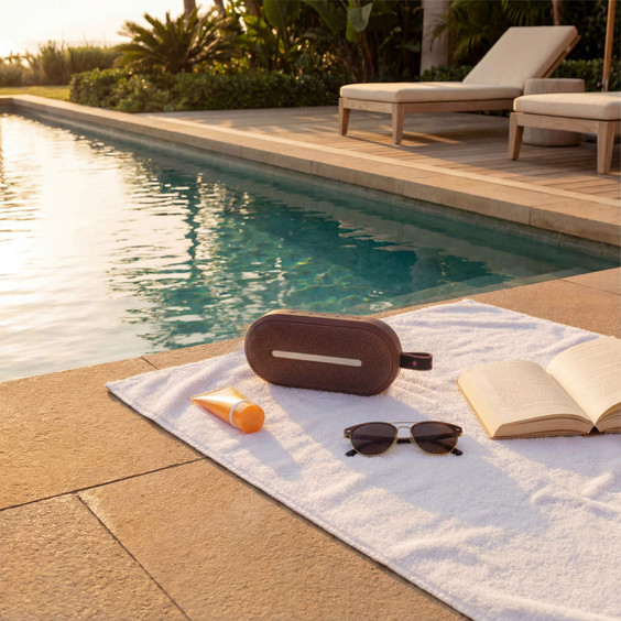 Portable wireless speaker, sunglasses, book and sunscreen on white towel by an outdoor pool