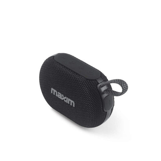 Black portable Bluetooth speaker with Maxim logo, fabric texture, and carry loop.