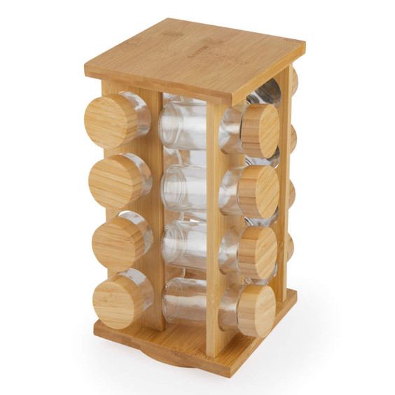 Rotating bamboo spice rack with 16 empty glass jars