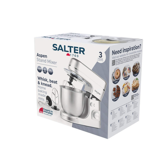 Silver Salter Aspen stand mixer box, showing mixer image and features