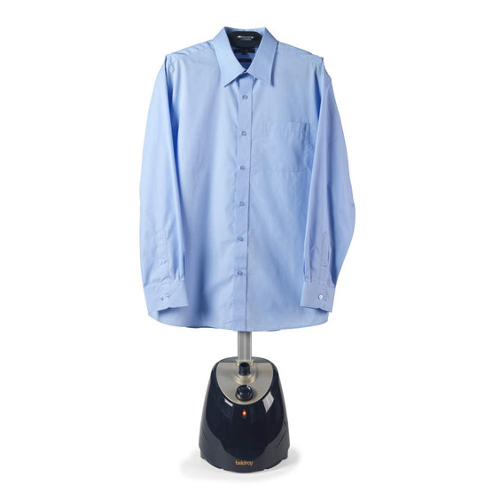 Light blue men's long sleeve shirt displayed on garment steamer.