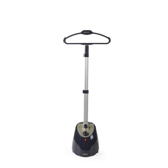 Black clothes steamer with hanger, upright on white background.