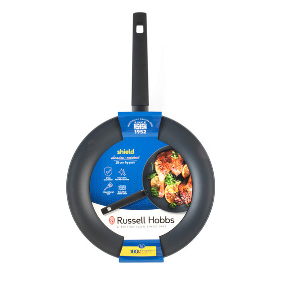 28cm non-stick black fry pan with Russell Hobbs packaging, shield abrasion-resistant range