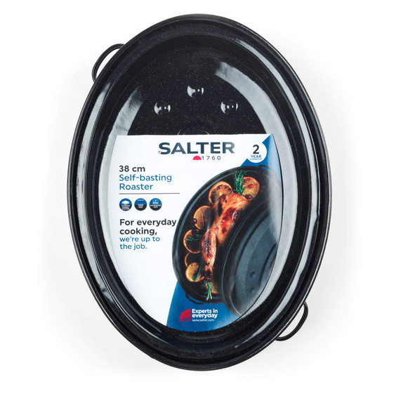 Black oval self-basting roaster, 38 cm, shown in packaging with Salter branding