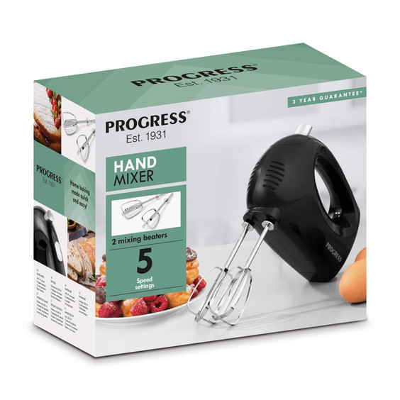 Progress black hand mixer box showing 2 beaters and 5 speed settings.