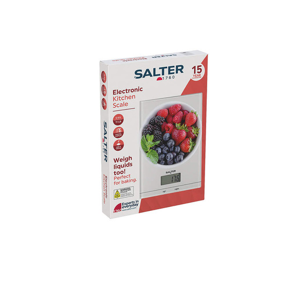 Salter electronic kitchen scale in white, boxed, for weighing ingredients and liquids