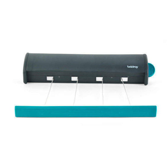 Retractable wall-mounted washing line with four grey lines and turquoise bar