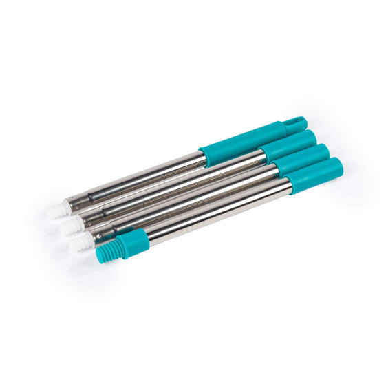 Set of four stainless steel mop poles with blue plastic grips