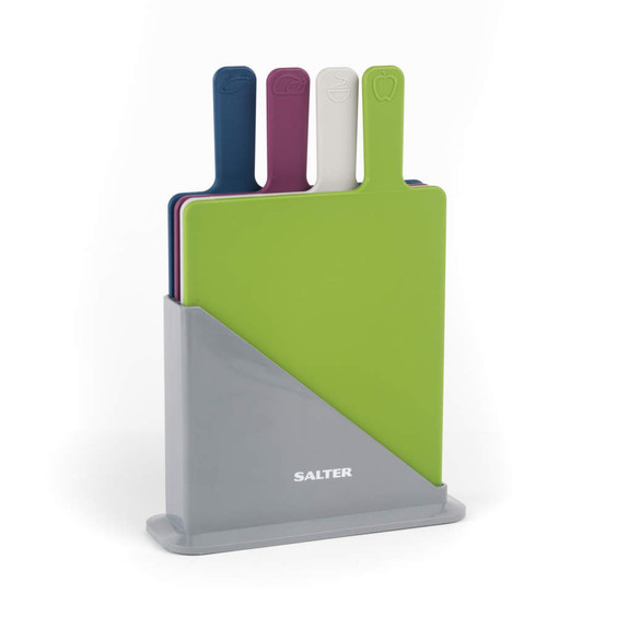 Set of four colour-coded chopping boards in grey Salter storage stand