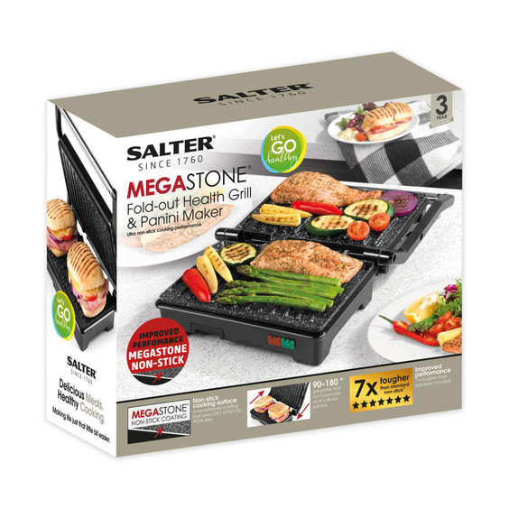 Salter Megastone health grill and panini maker retail box with images of grilled food