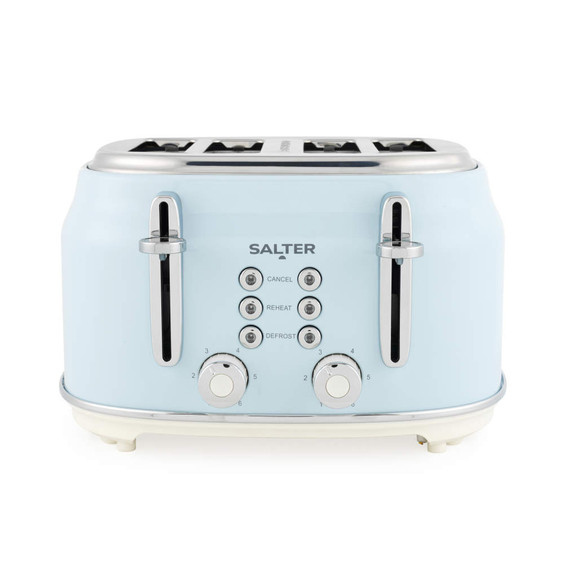 Salter four-slice toaster in pale blue with cancel, reheat, and defrost buttons