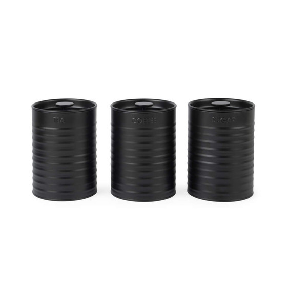 Set of three black metal storage canisters labelled tea, coffee and sugar