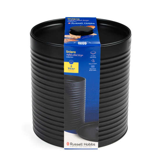 Black ribbed steel bread bin with lid, Russell Hobbs packaging, front view