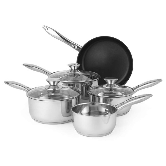 Set of five silver stainless steel saucepans and frying pan with glass lids