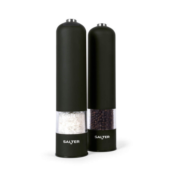 Set of two black Salter electric mills, one filled with sea salt, one with black pepper.
