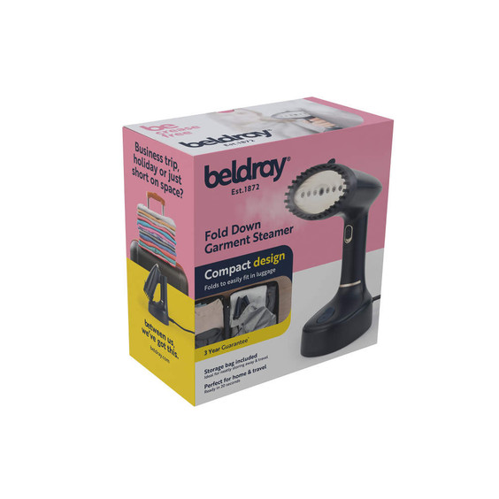 Beldray fold down garment steamer in box, compact design for home and travel.