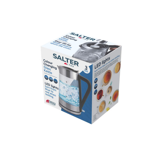Salter colour changing glass kettle retail box, shows LED feature and tea cups graphic