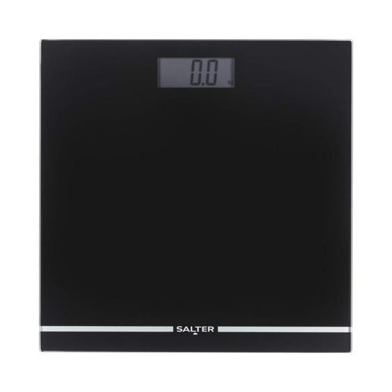 Black digital bathroom scale with Salter branding, front view