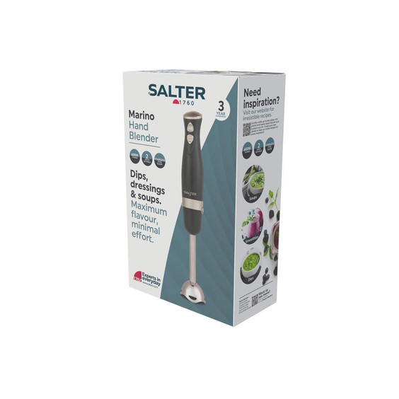 Salter Marino hand blender retail box showing product, black and silver colour.