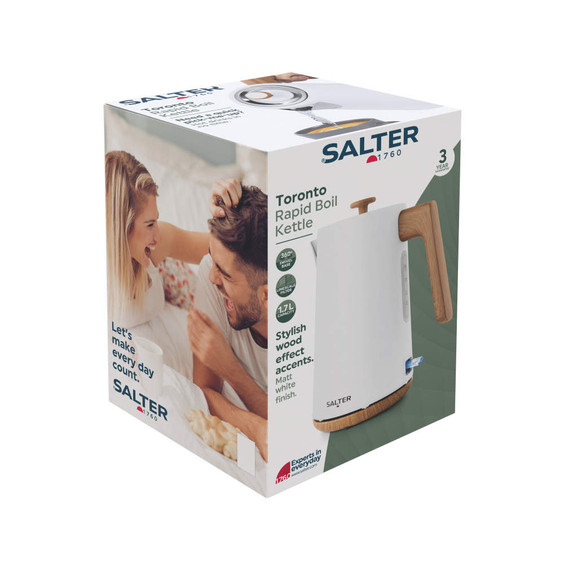Box packaging for Salter Toronto Rapid Boil Kettle with matt white finish and wood effect accents.