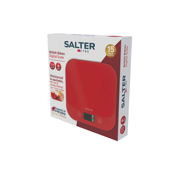 Red British Bakes digital kitchen scale in packaging, waterproof and washable.