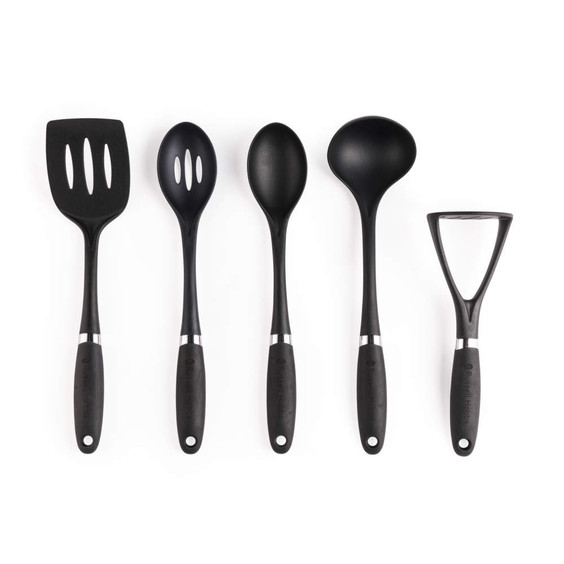 Black nylon kitchen utensil set, 5 pieces including spatula, spoons, ladle, and masher