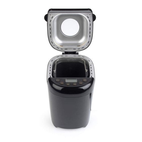 Black bread maker with lid open, showing control panel and inner baking chamber