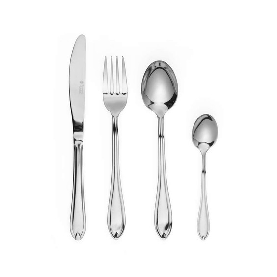 Set of four stainless steel cutlery pieces: knife, fork, soup spoon, and teaspoon