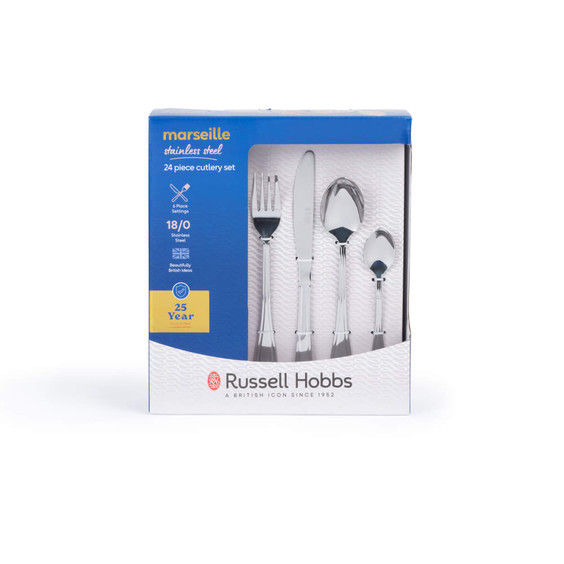 Boxed stainless steel 24 piece cutlery set with six place settings, Russell Hobbs.