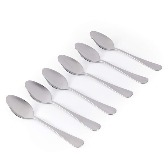 Set of six silver stainless steel dessert spoons on white background