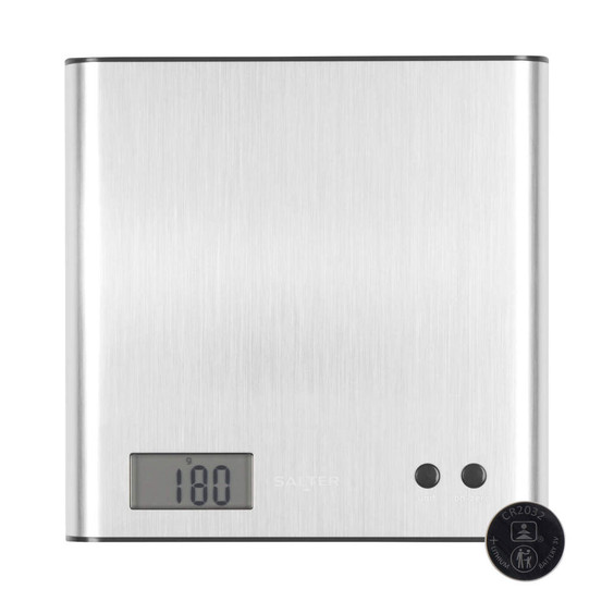 Stainless steel digital kitchen scale with LCD display, shown from above.