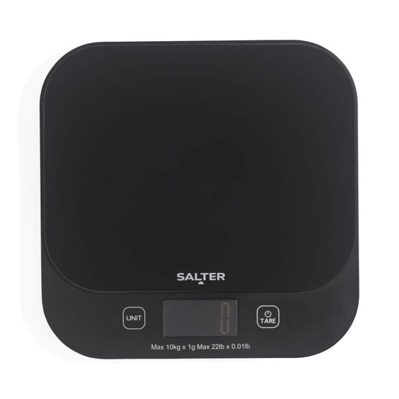Black digital kitchen scale with Salter logo, shown from above with display reading zero