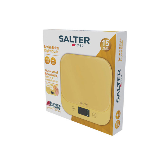 Yellow Salter British Bakes digital kitchen scale in retail packaging
