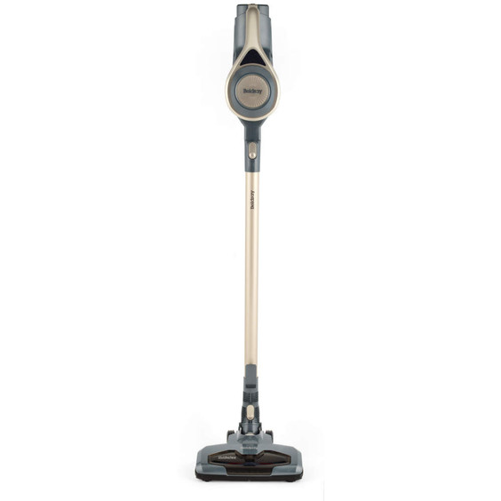 Cordless upright vacuum cleaner in gold and blue, front-facing on white background