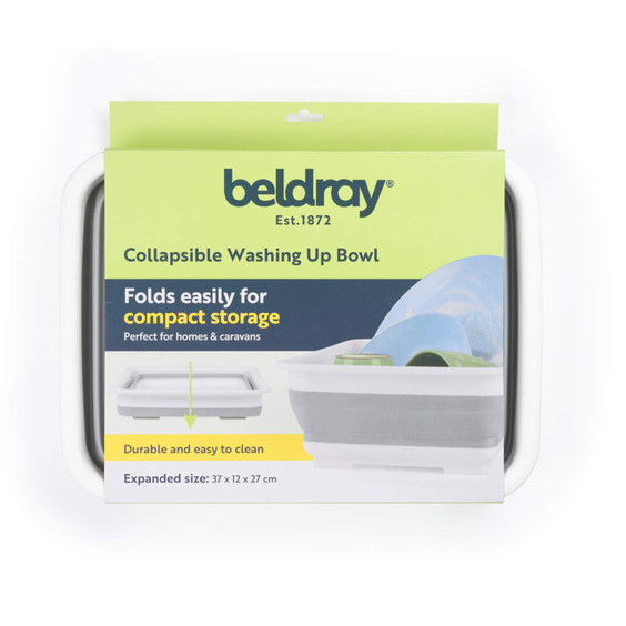 Grey collapsible washing up bowl in retail packaging, suitable for compact storage.