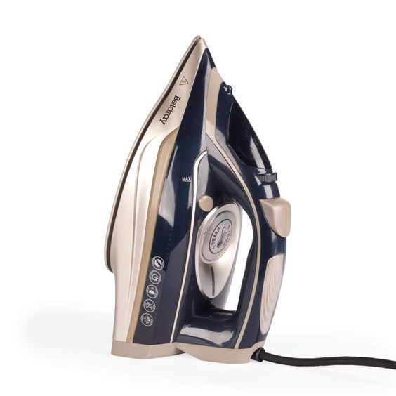 BaByliss gold and navy steam iron, side view showing water tank and controls