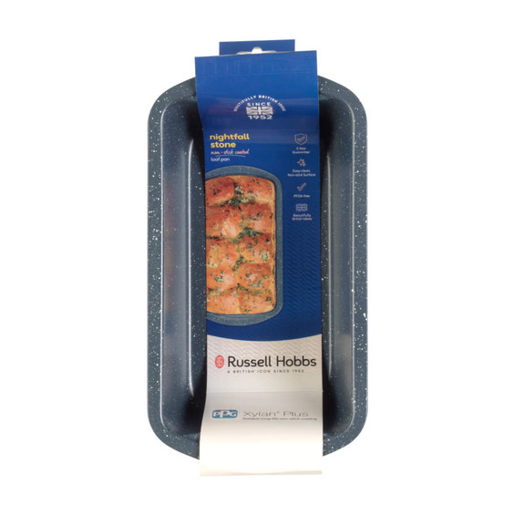 Blue non-stick loaf pan with speckled finish, Russell Hobbs Nightfall Stone range, in retail packaging