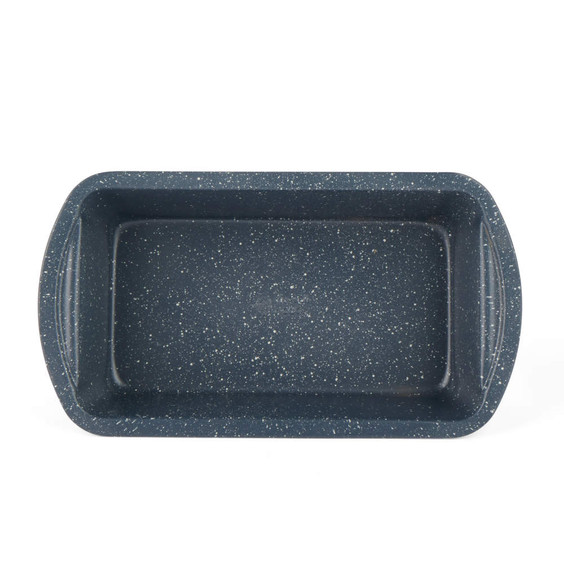 Blue speckled non-stick loaf tin, top view