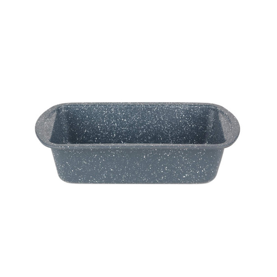 Blue speckled non-stick loaf tin, angled front view