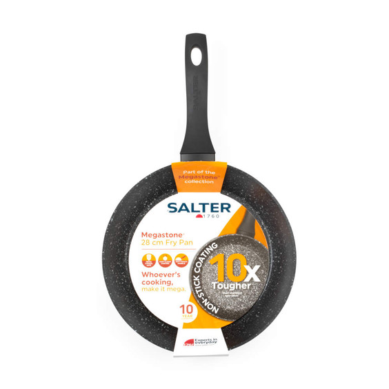 Salter Megastone 28cm grey non-stick fry pan in packaging, top-down view.