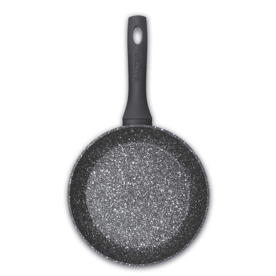 Black speckled non-stick frying pan with Salter branded handle, shown from above