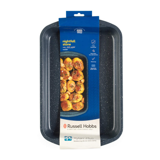 Blue speckled Russell Hobbs non-stick roaster in packaging, front view