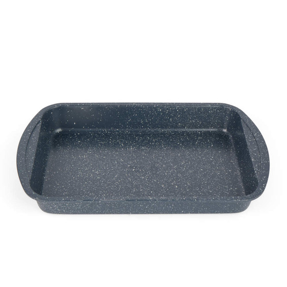 Blue speckled rectangular roasting tin with side handles, shown from above