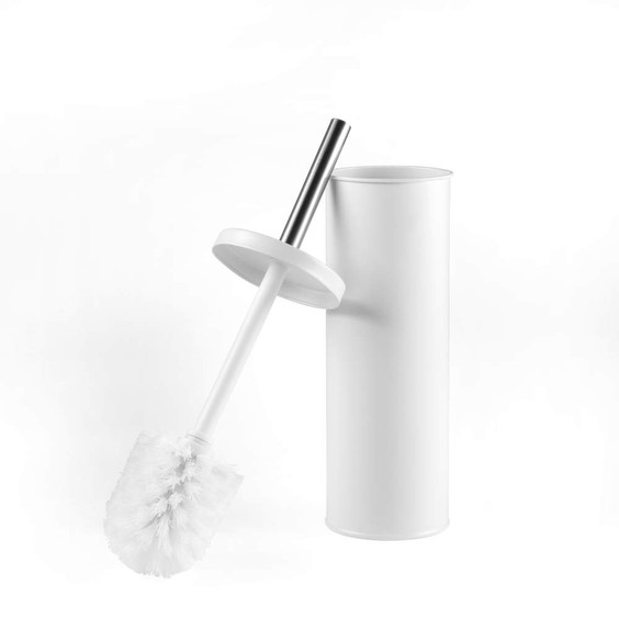 White toilet brush and holder with stainless steel handle, shown on plain background