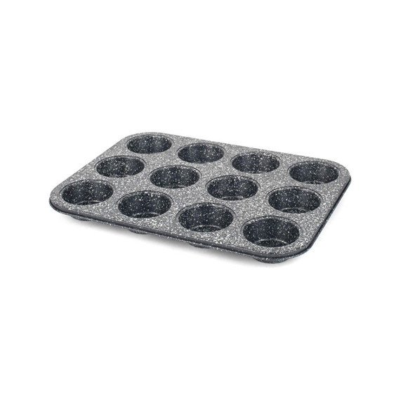 12-cup black speckled non-stick muffin tray shown at an angle