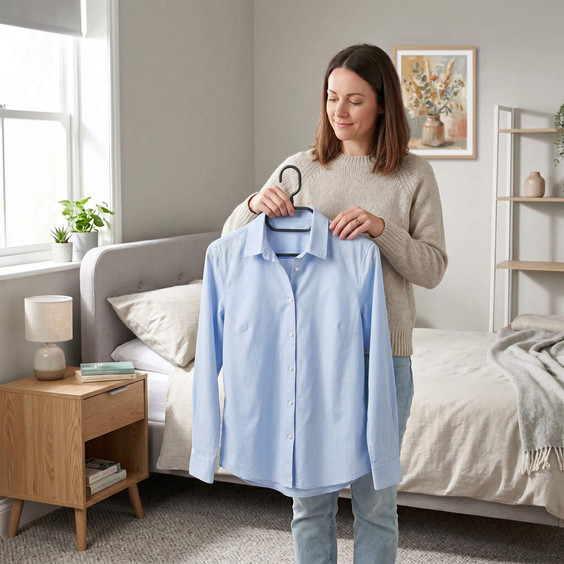 Light blue long-sleeve shirt on hanger held in a bedroom setting