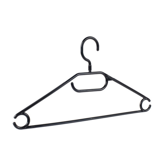 Black plastic clothes hanger with trouser bar and hooks, isolated on white background