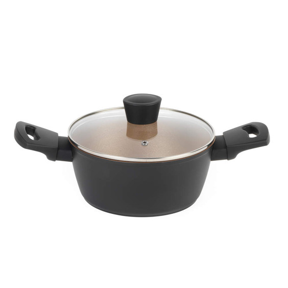 Black non-stick saucepan with glass lid and side handles, shown on white background.