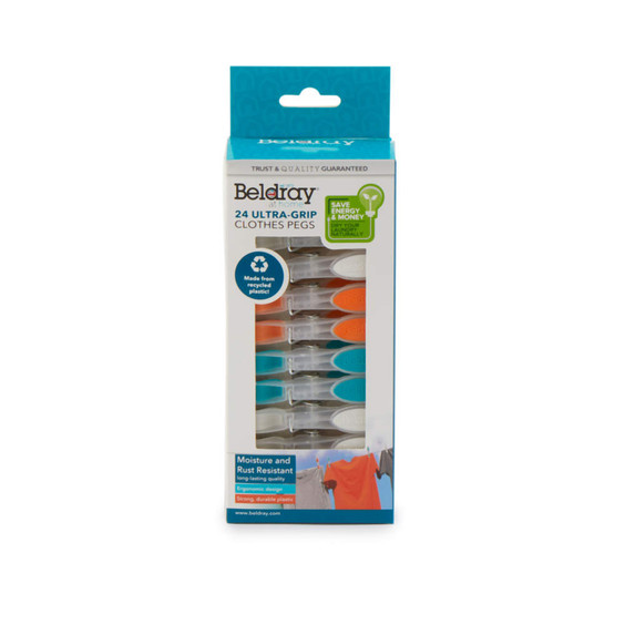 Pack of 24 mixed colour ultra-grip clothes pegs in recyclable plastic box